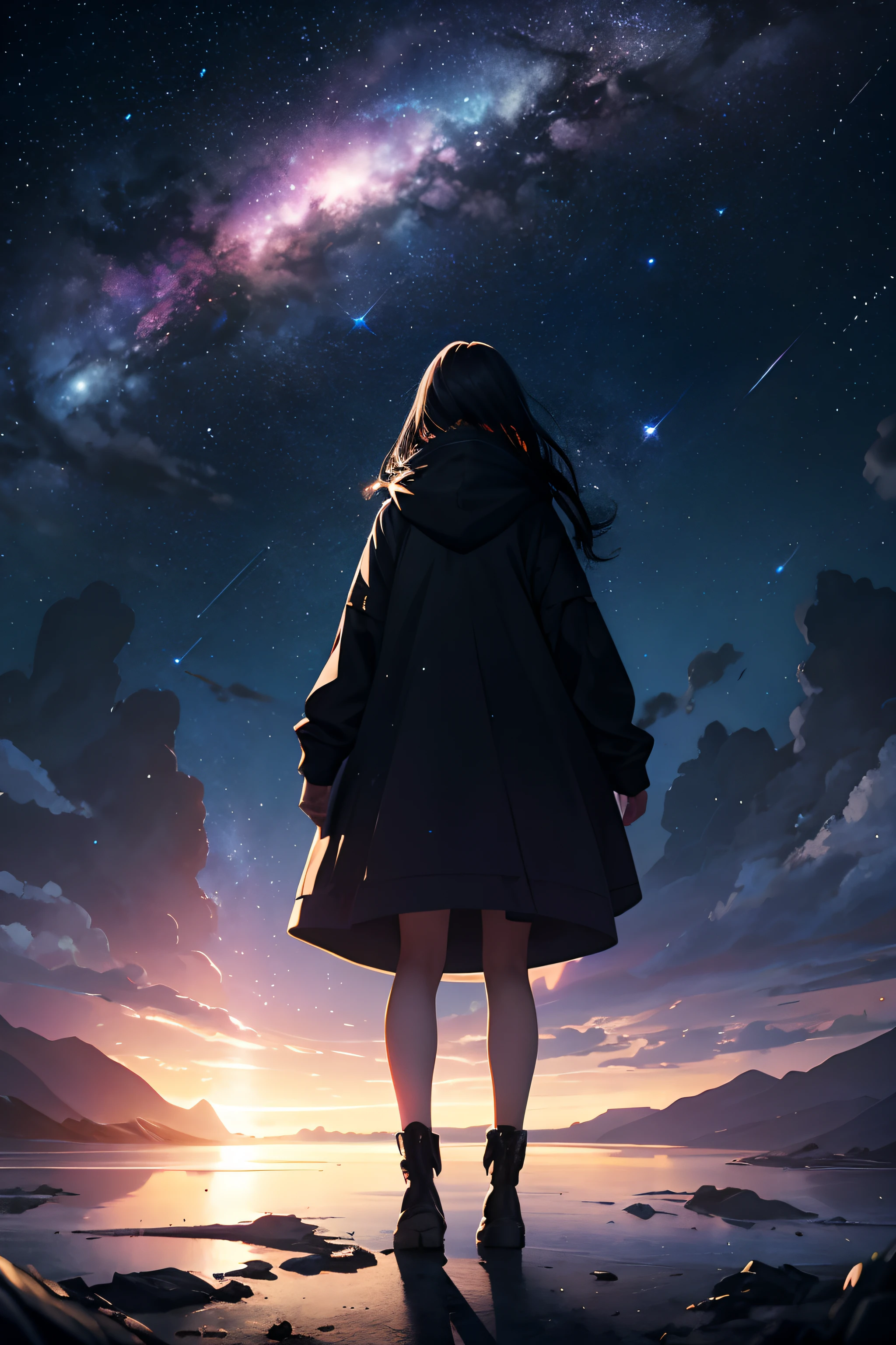 ​masterpiece、Background with（（Fantastic starry sky、kosmos、Meteor swarm、black hole、Irridescent color））depth（（planetes））、A person is standing in the distance、A girl who can't be seen