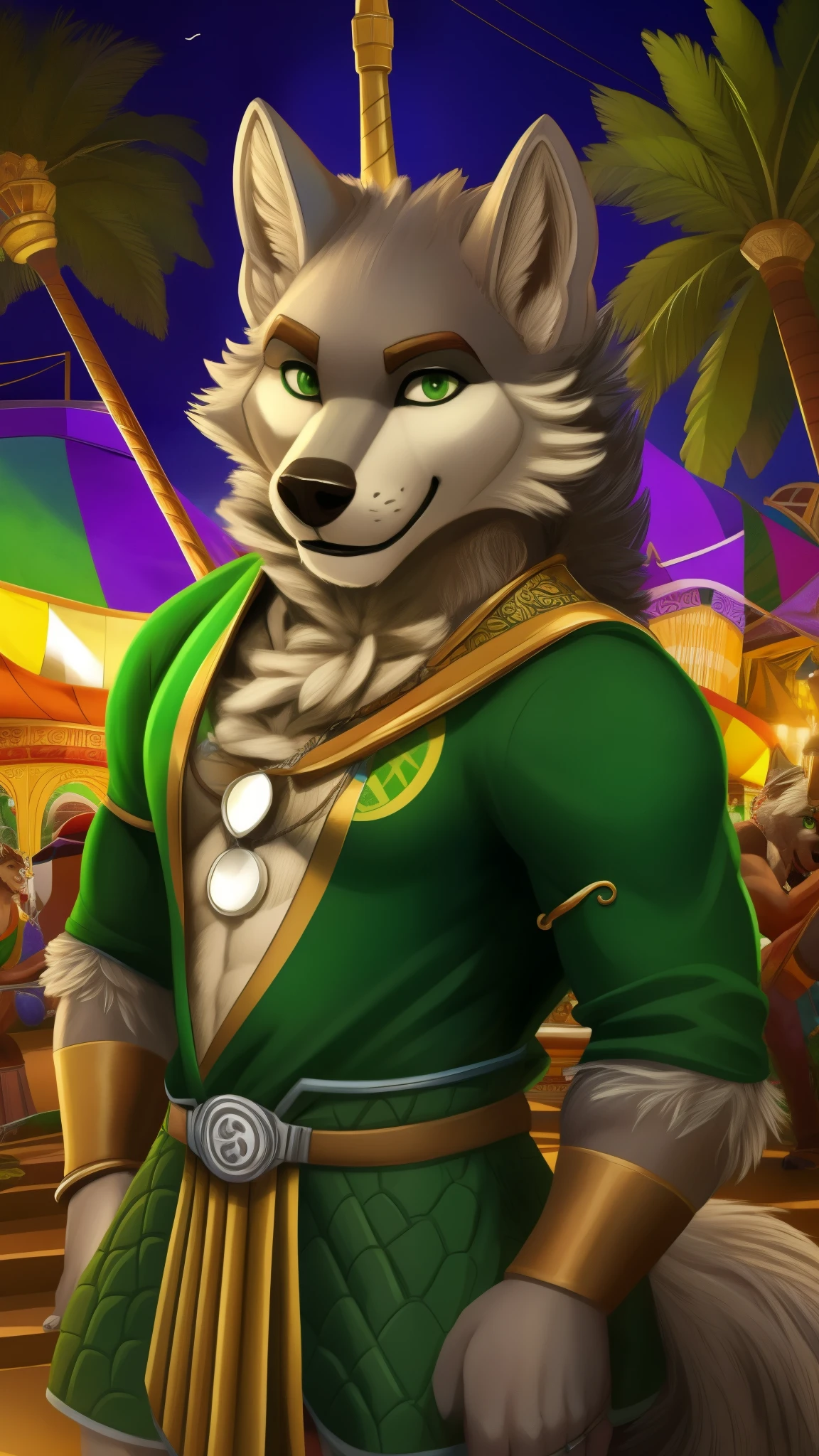 Furry wolf wearing a Brazilian style outfit green eyes a realistic background of Rio de Janeiro playing pagode Brazilian accent now a carnival in the background for the viewer the really cool smile unique and original visual HDR 9999K