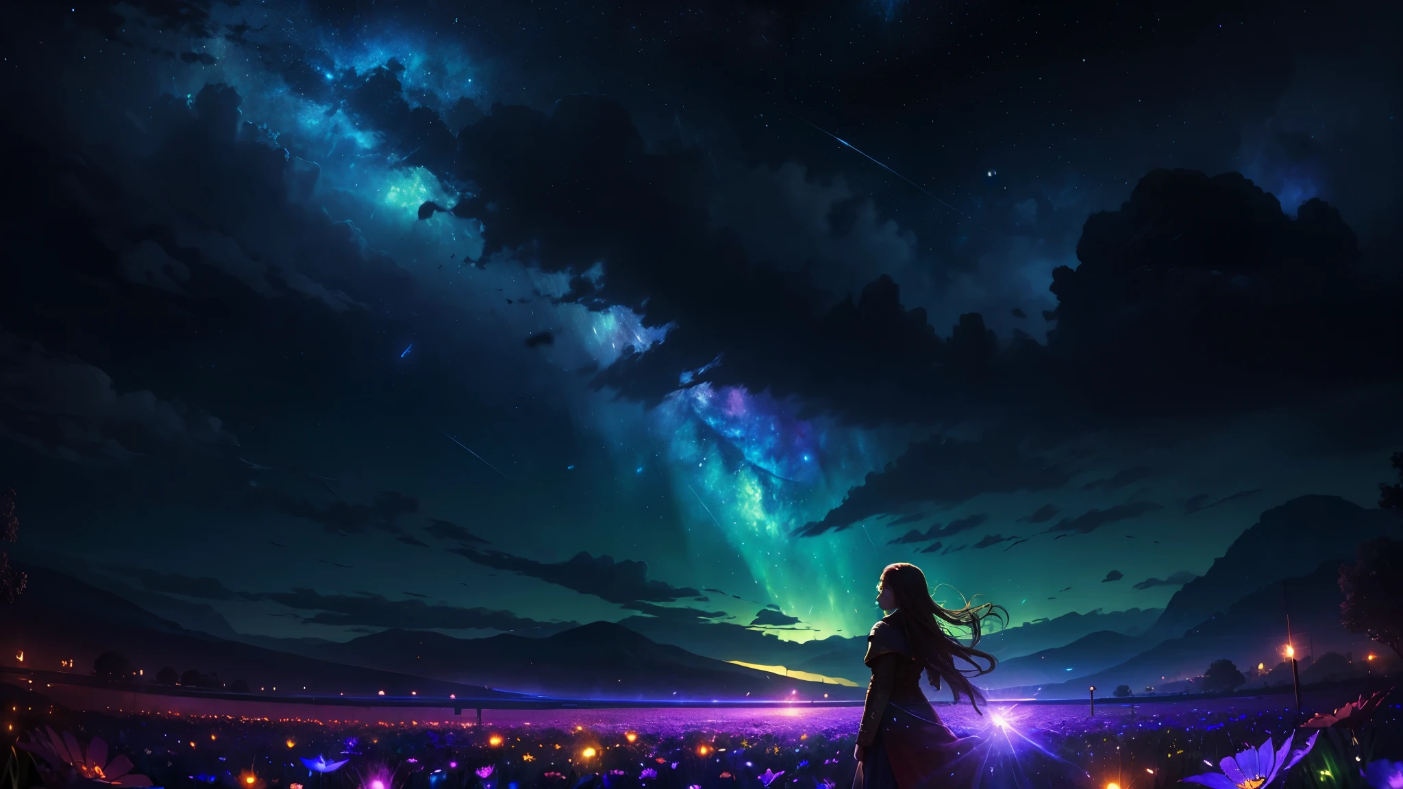 expansive landscape photograph , (a view from below that shows sky above and open field below), a girl standing on flower field looking up, (full moon:1.2), ( shooting stars:0.9), (nebula:1.3), distant mountain, tree BREAK
production art, (warm light source:1.2), (Firefly:1.2), lamp, lot of rainbow, intricate details, volumetric lighting BREAK
(masterpiece:1.2), (best quality), 4k, ultra-detailed, (dynamic composition:1.4), highly detailed, colorful details,( iridescent colors:1.2), (glowing lighting, atmospheric lighting), dreamy, magical, (solo:1.2)