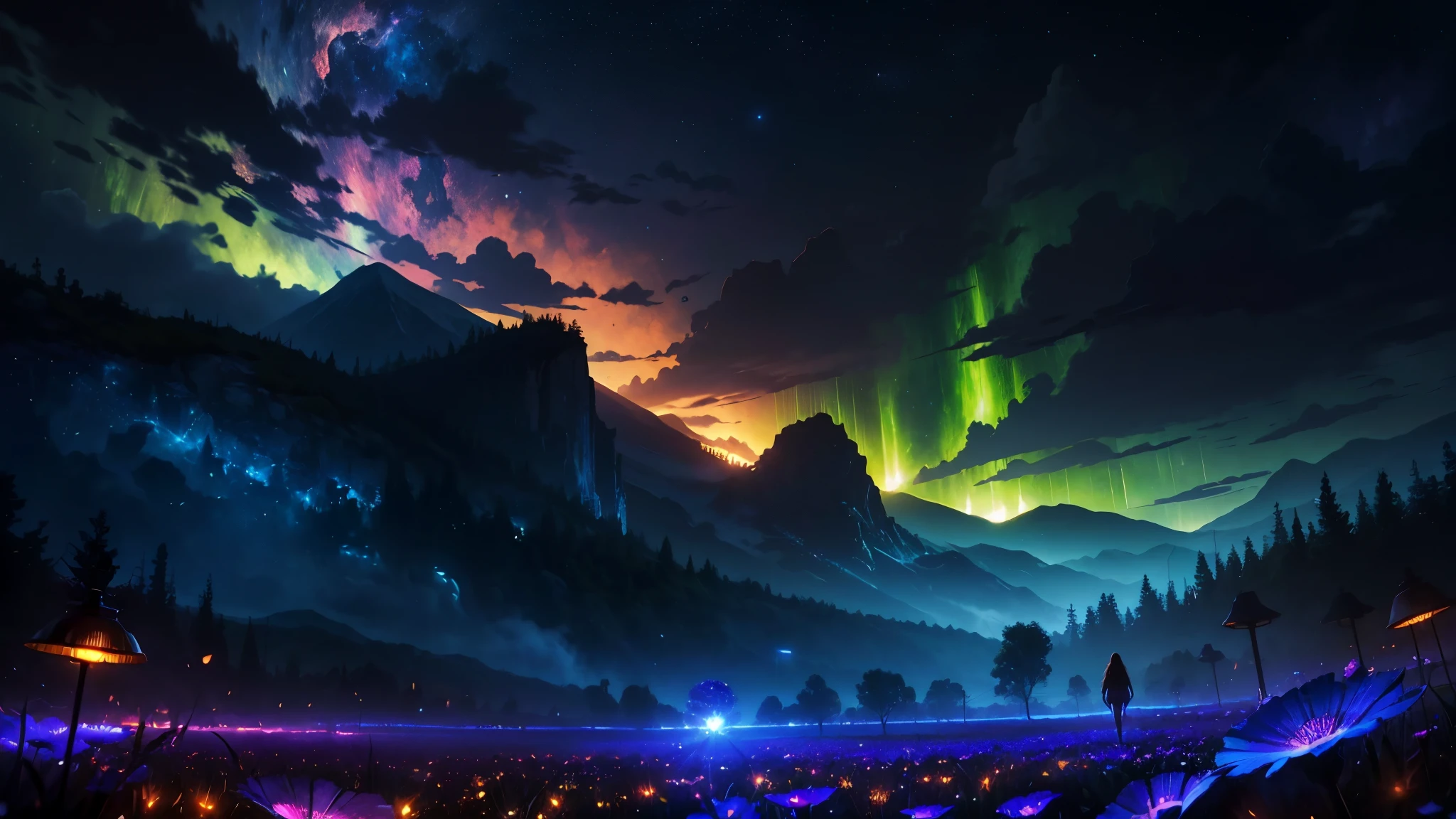 expansive landscape photograph , (a view from below that shows sky above and open field below), a girl standing on flower field looking up, (full moon:1.2), ( shooting stars:0.9), (nebula:1.3), distant mountain, tree BREAK
production art, (warm light source:1.2), (Firefly:1.2), lamp, lot of rainbow, intricate details, volumetric lighting BREAK
(masterpiece:1.2), (best quality), 4k, ultra-detailed, (dynamic composition:1.4), highly detailed, colorful details,( iridescent colors:1.2), (glowing lighting, atmospheric lighting), dreamy, magical, (solo:1.2)