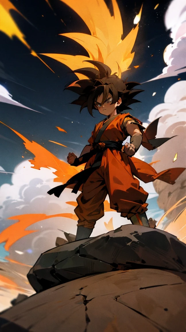 Goku Ultra Instinct, dragonballz, white fire, wearing typical dragonball clothes. Very angry. The background is darked, flying pebbles, wind, thick smoke, lots of big rocks, fire