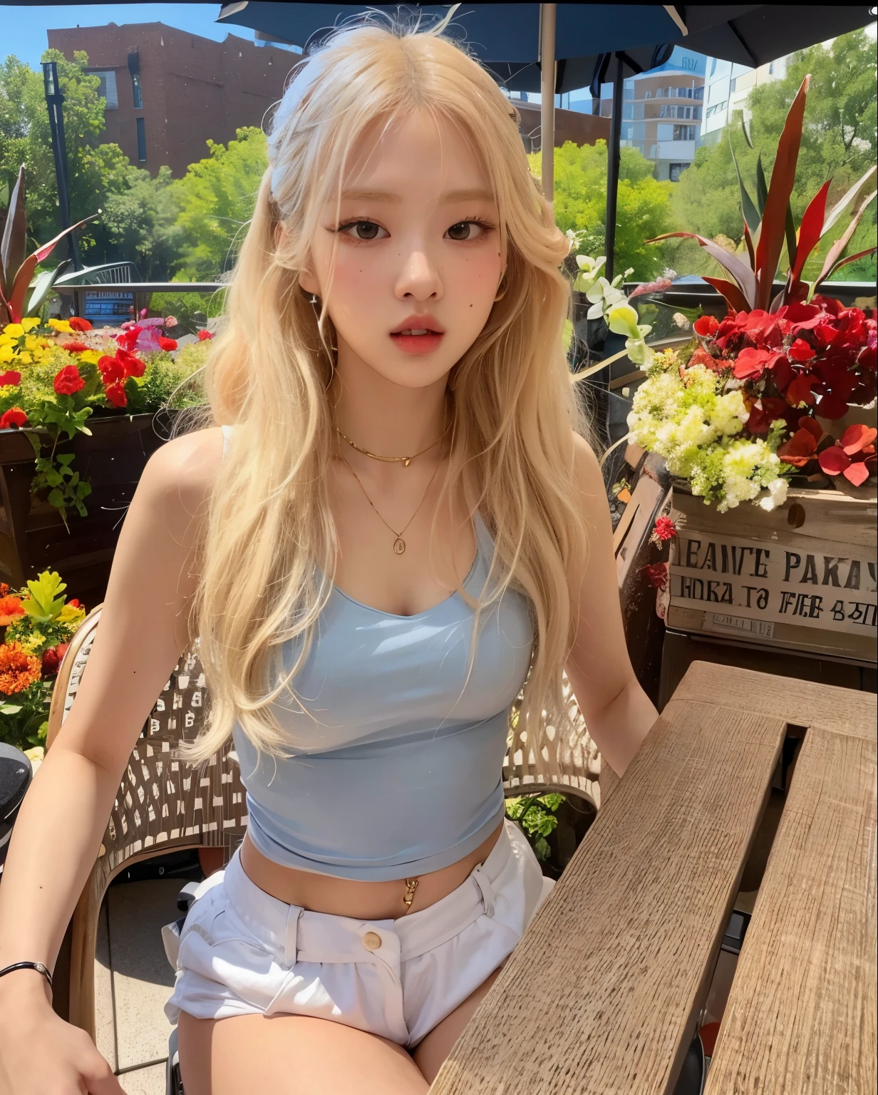 (girl riding a bicycle in the park),light blue and pink color scheme,sexy girl ,small body,,white curly hair, Camisole in colorful colors