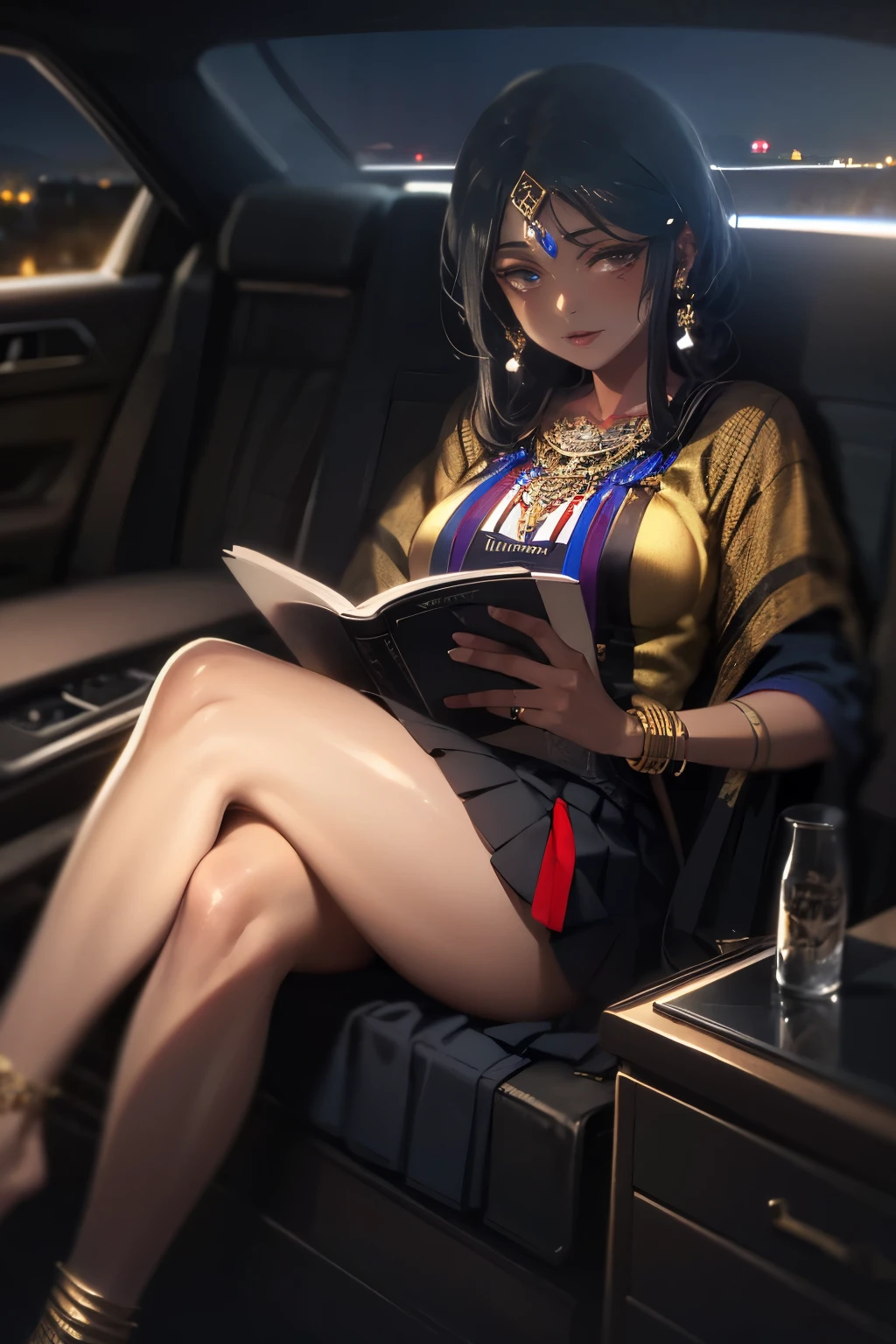 Benevolent ((plump ((dark-skinned Haitian)) 75 yo goddess)) with long braided hair sitting in the backseat of a luxury limousine with her pretty perfect manicured feet up while reading mystic tome, lwa veve tattoos on arms and legs, wearing golden bracelets and anklets, short pleated skirt, plump thighs, high quality photo, in the middle of the Tokyo cannabis forest behind her, driving