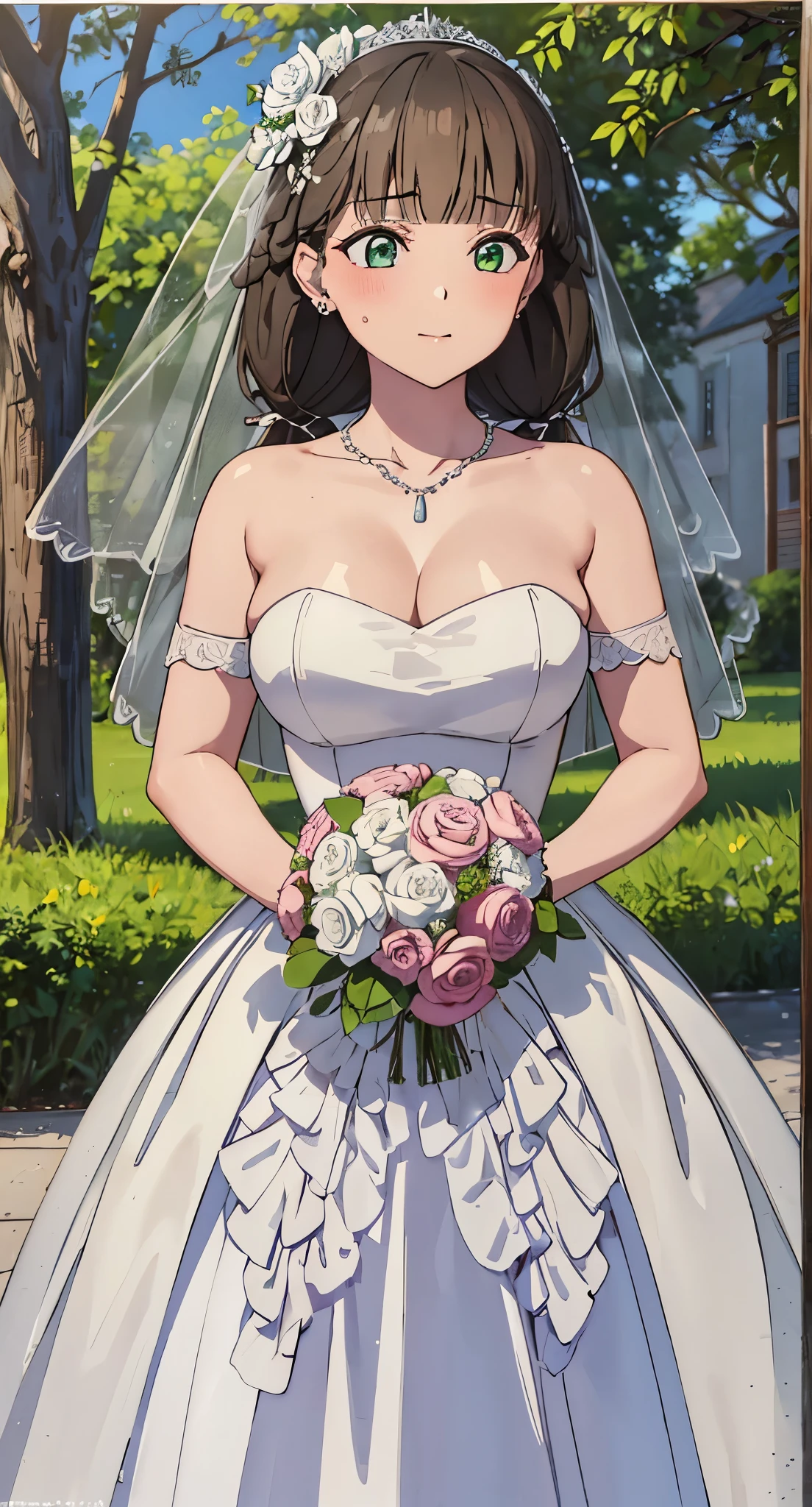 Huangzi、(on the table, best quality:1.2), 1 girl in, alone, Close-up of beautiful bride in bridal dress,Gurwitz,Blushing face,Head flower,headgear,(tube top wedding dress:1.5),(silk dress:1.2),(strapless wedding dress:1.5),pure white dress,necklace,earrings,Wedding cutouts,(:1.3),Neck ornaments,Deep V peach heart collar wedding dress,Bangs,Bouquet,lipstick,(Lace gloves:1.3),(Bridal veil:1.2),(Transparent short veil:1.2),Bust photo,High detail RAW color art,Tyndall phenomenon