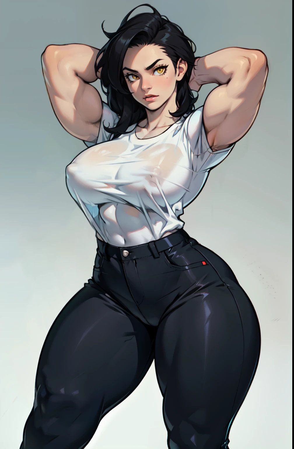 huge muscles breasts huge thighs toned body athletic tight shirt tight pants black hair yellow eyes pale skin perfect woman