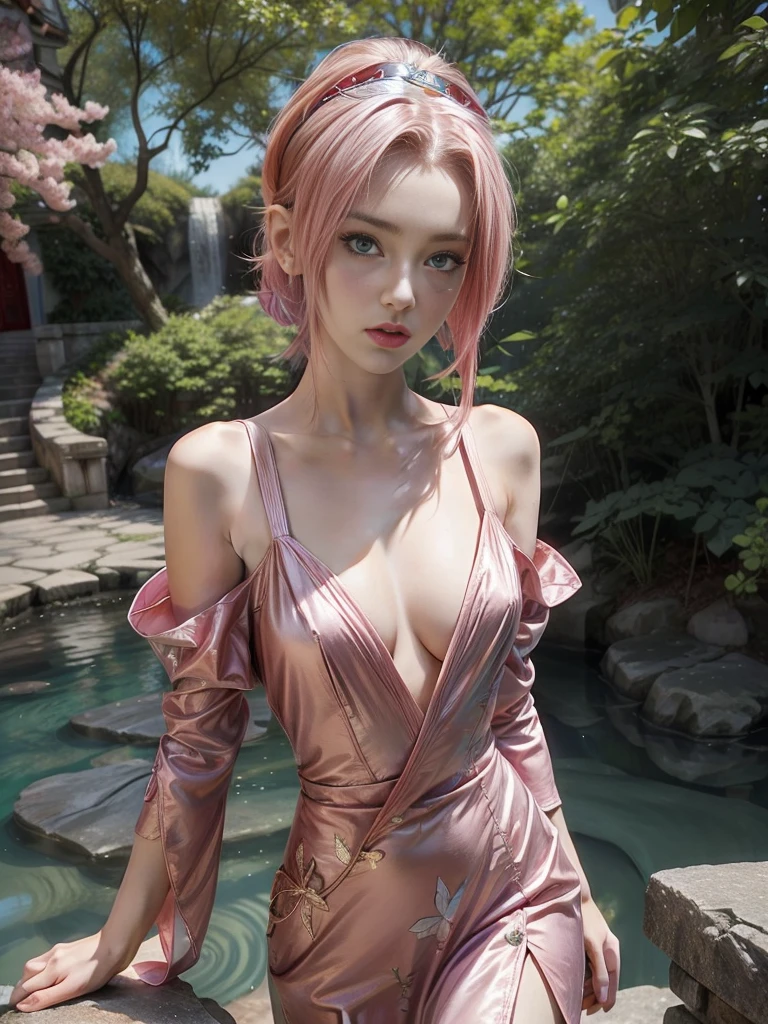 young woman, shoulder-length pink hair, wide forehead, porcelain skin, pink eyebrows, big emerald green eyes, buttoned nose, full lips, heart-shaped face, slender body, small breasts, red dress with butterfly design, Sakura Haruno, realistic, realism, details, 3d, forest