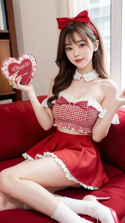 A graceful woman holding a box of Valentine's chocolates. The chocolates are beautifully wrapped, showcasing the spirit of Valentine's Day
BREAK
A charming young woman wearing a Valentine-themed top. It's a brown and checkered cropped blouse with heart-shaped cutouts revealing the skin beneath. White frilly lace adorns the collar and sleeves, with red bows and a heart emblem placed at the center,She wears a matching brown and checkered mini-skirt. The skirt features a heart patterned pocket on each side, with a frilly red lace trim at the hem. It's paired with white socks and striking red heels, giving a playful yet elegant touch to the outfit