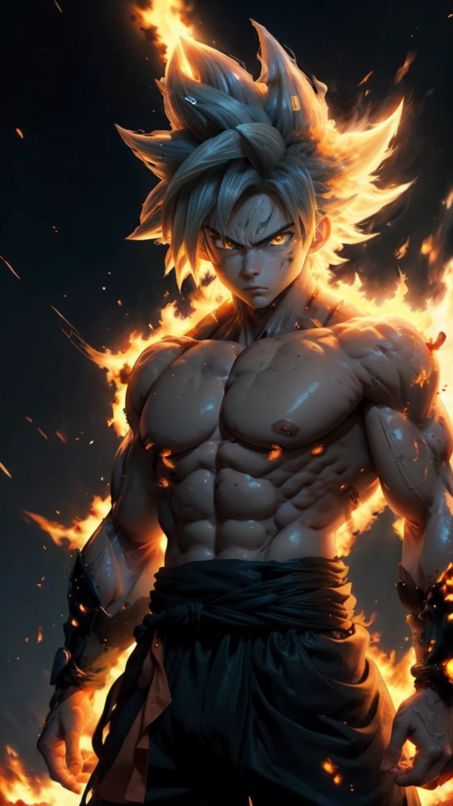 Goku Ultra Instinct, dragonballz, white fire, wearing typical dragonball clothes. Very angry. The background is darked, flying pebbles, wind, thick smoke, lots of big rocks, fire