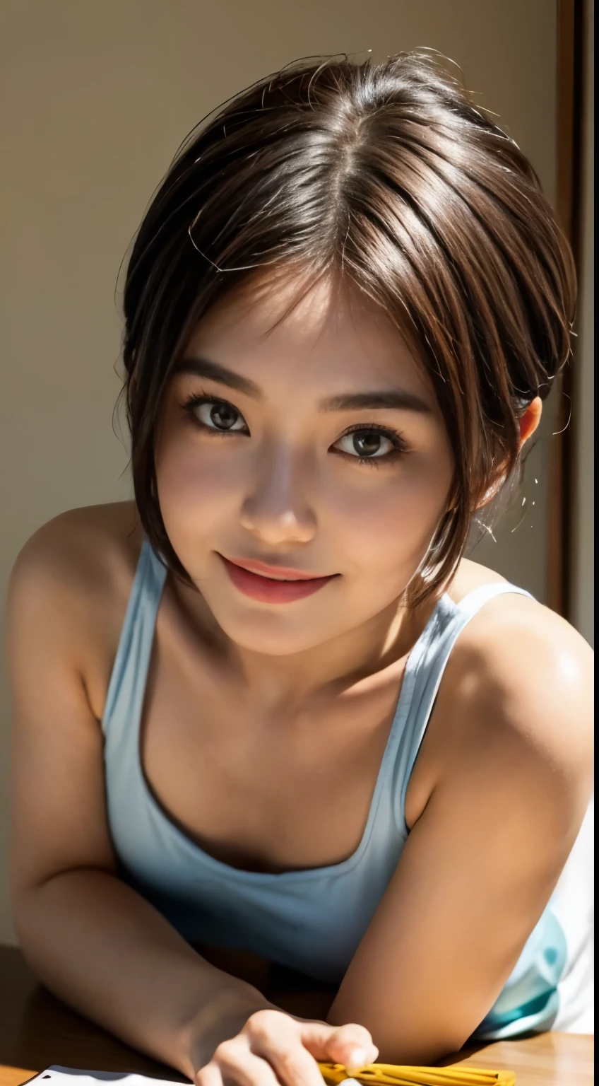 Cute 21 years old Japan、on the beds、Red tank top、Super Detail Face、Eye of Detail、double eyelid、beautiful thin nose、sharp focus:1.2、prety woman:1.4、(light brown hair,short cut hair,、top-quality、​masterpiece、超A high resolution、(Photorealsitic:1.4)、full body Esbian、