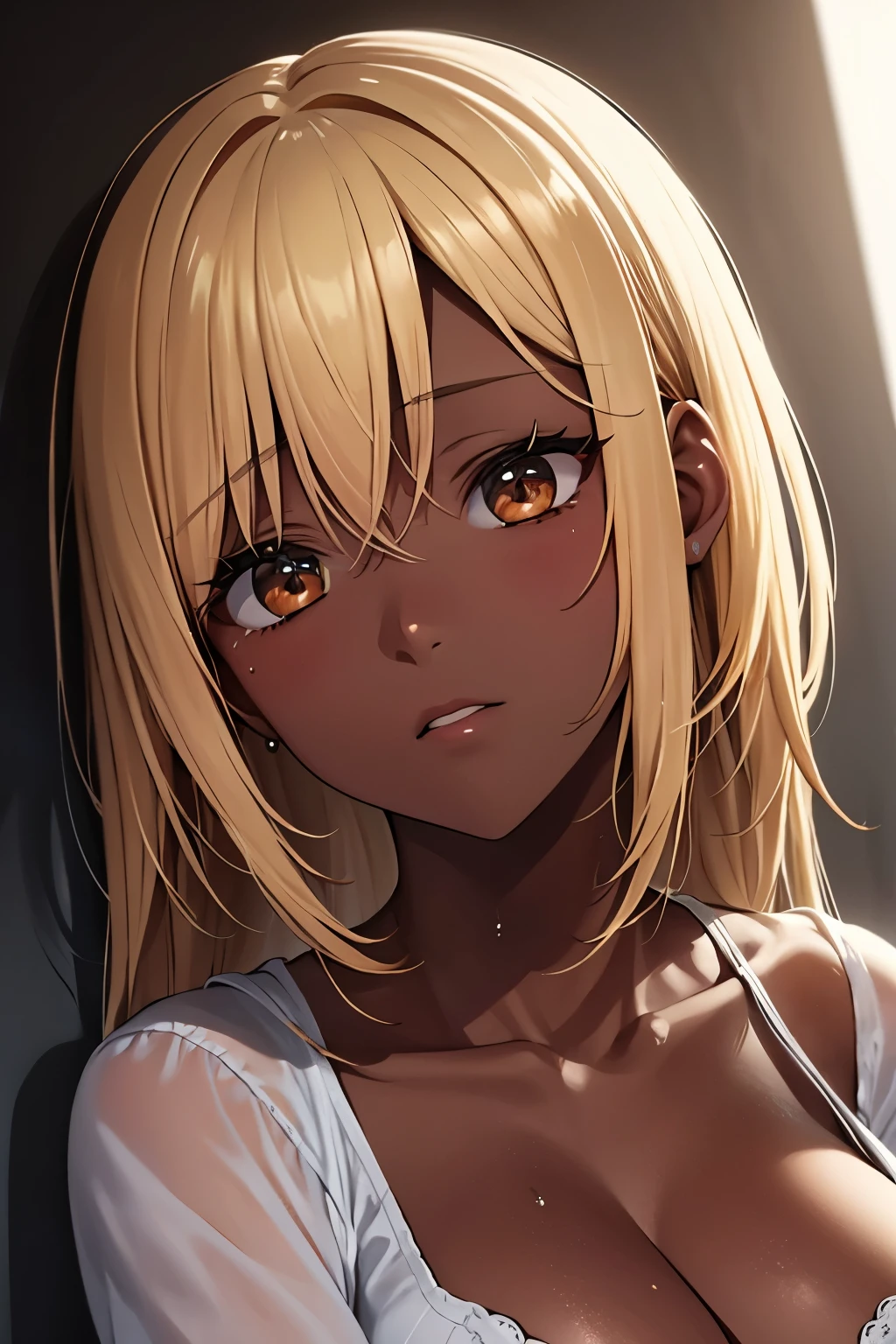Beautiful girl, expressionless, sweat, blonde hair, dark skin,