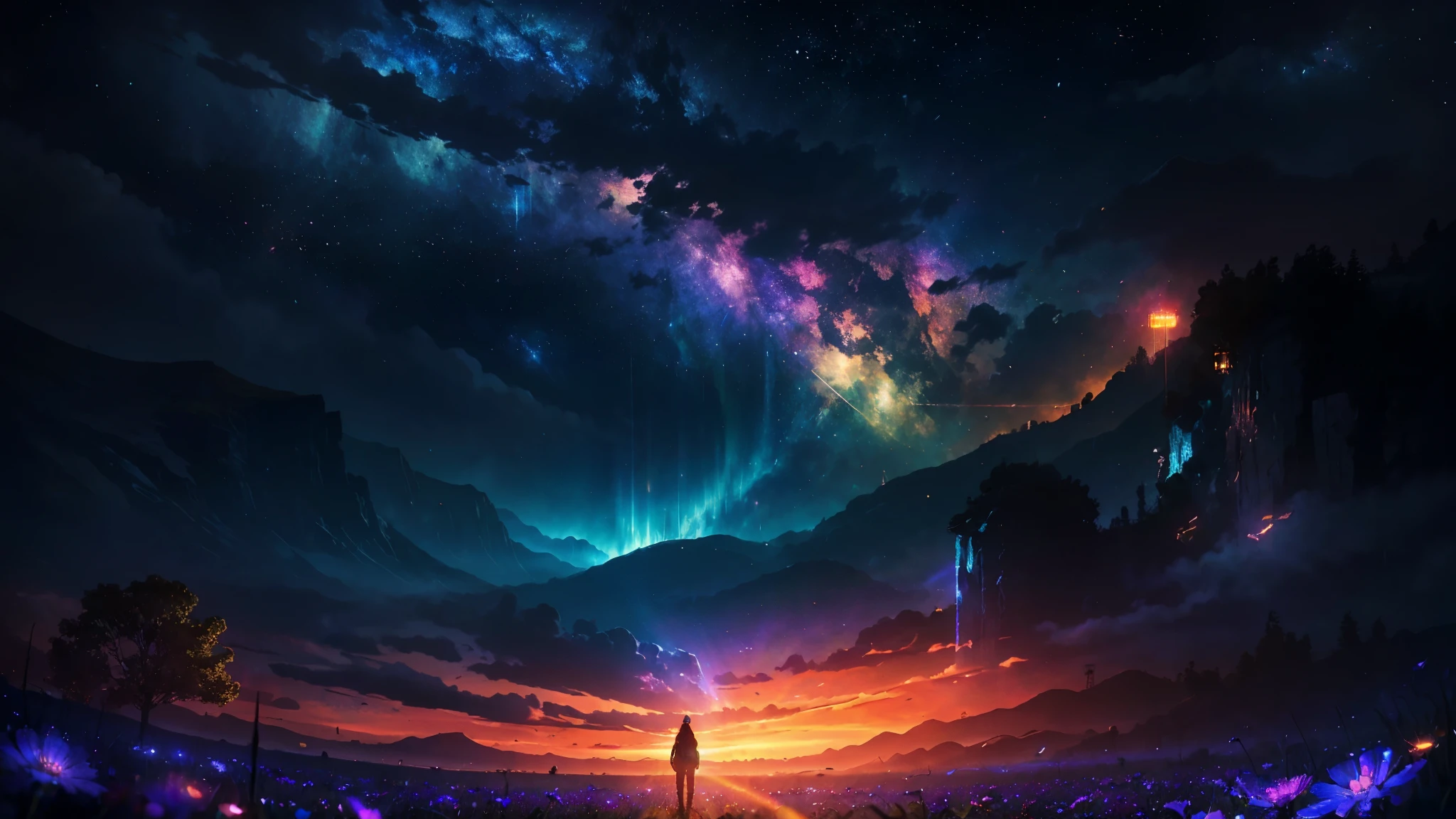 expansive landscape photograph , (a view from below that shows sky above and open field below), a girl standing on flower field looking up, (full moon:1.2), ( shooting stars:0.9), (nebula:1.3), distant mountain, tree BREAK
production art, (warm light source:1.2), (Firefly:1.2), lamp, lot of rainbow, intricate details, volumetric lighting BREAK
(masterpiece:1.2), (best quality), 4k, ultra-detailed, (dynamic composition:1.4), highly detailed, colorful details,( iridescent colors:1.2), (glowing lighting, atmospheric lighting), dreamy, magical, (solo:1.2)