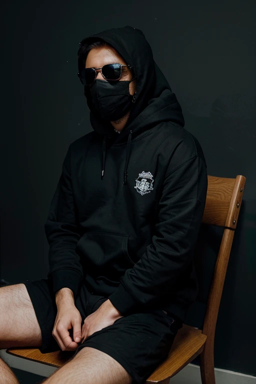 -  Create a 3D illusion for a profile picture where a 40 Year old cute boy in a black hoodie Sitting casually on a Wingback chair. Wearing sneakers, with black mask, and sunglasses, he looks ahead. The background features "BETHINHO" in big and capital Yellow neon light fonts on the dark grey wall. There should not be his shadow, and there are wings to make it appear as if he is an angel