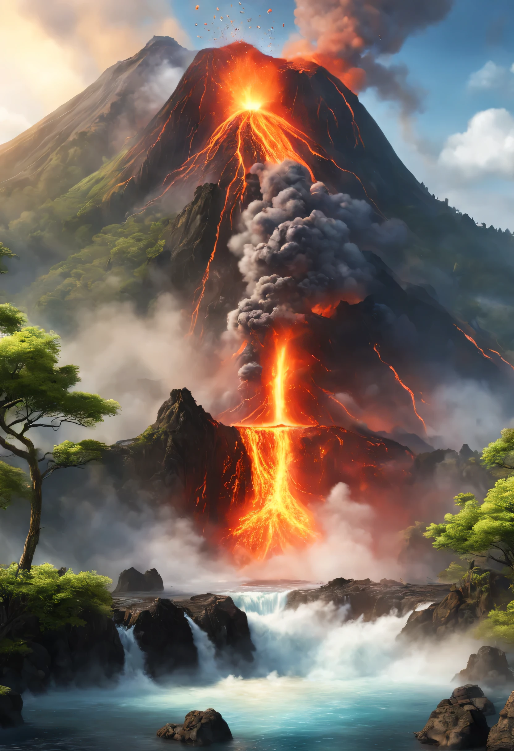 (Best quality,4K,8K,A high resolution,Masterpiece:1.2)。wallpaper hd，a volcano erupts，Flame sputtering，blasts，molten lava，erupting，dense smoke，Liquid lava，springtime，lakes，waterfallr，Rochas，hot onsen，hydrosphere，（illustratio：1.0）、Epic composition、Realistic lighting、high definition detail、tmasterpiece、Best quality，（非常详细的 CG 统一 8k 壁纸）