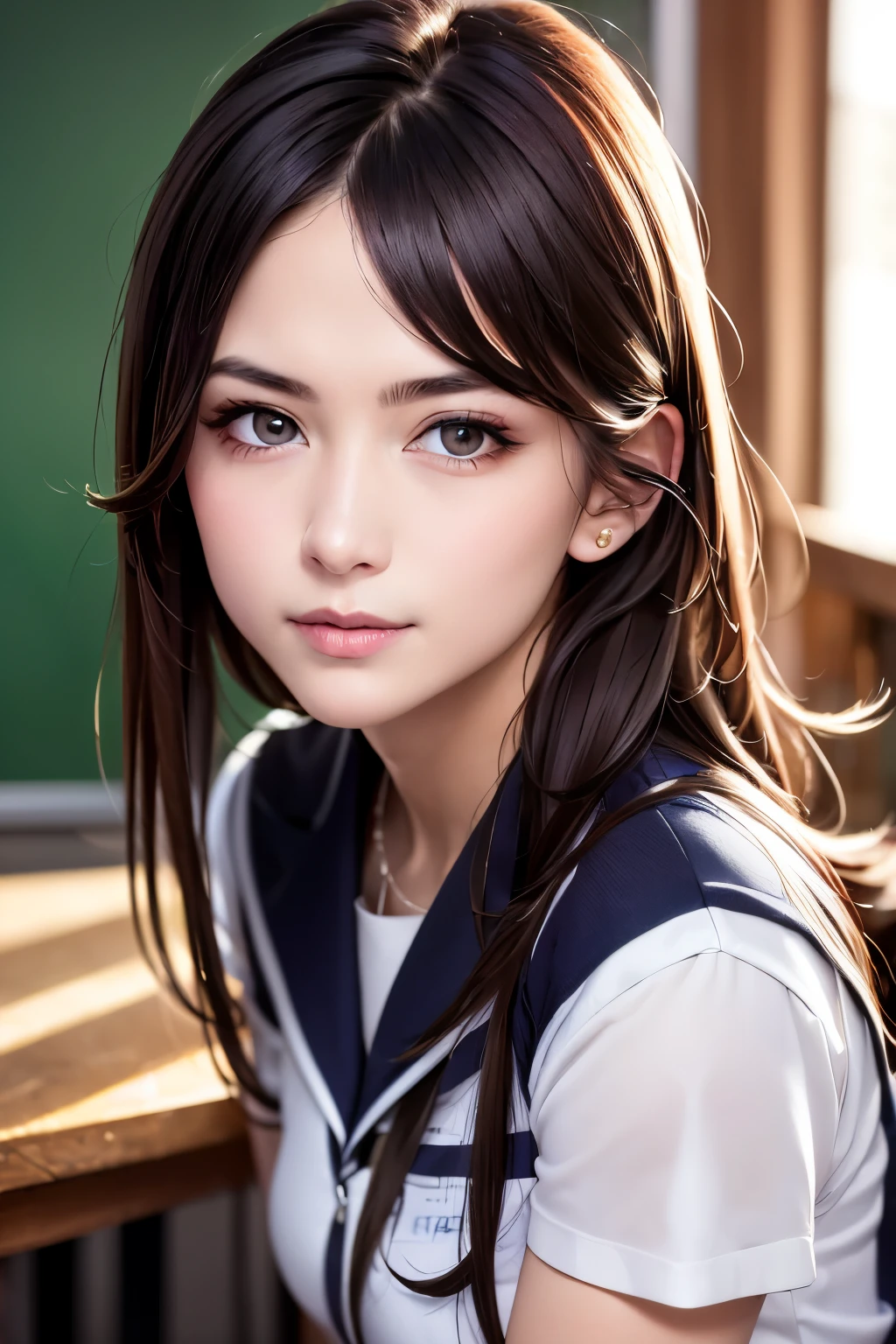 student, (White Button Shirt, Upper body, student服,black tie、sailor suit)、 (navy pleated skirt:1.1),highest quality, masterpiece, ultra high resolution, (realistic:1.4), RAW photo, cinch waist, thighs , short sleeve, School、inside the classroom, sit on a chair, looking at the viewer, film grain, chromatic aberration, sharp focus, face light, clear lighting, detailed face, background bokeh, (dark red tie:1.1)、(highly detailed skin, dark brown hair, beautiful fine hair, delicate and beautiful features, seductive smile, beautiful and fine eyes, real skin texture), (Medium chest, 20 years,solo,gentle expression、symmetrical face、smile:1.1), (narrow eyes, blush, dark brown eyes), attractive face, perfect body, oily skin, glowing skin, high gloss skin, narrow, professional lighting, 1 girl, Lightly wavy dark brown hair, medium hair, cowboy_shot, gorgeous eyes, Naughty, fascinating look, UHD, highly detailed eyes, Look at the viewer, delicate face