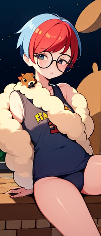 Cute young boy sitting on school bus seat, alone, with a really oversized butt, and wide thighs, with freckles, very tight blue shorts, knee high socks, blushing, very round butt, horny facial expression, middle schooler, short height, very short shorts, brown messy hairstyle, furry zoophile, no shirt on, sweaty abs, a lot of sweat, smooth clothes, very tight clothes, tight on skin clothes, light blue crop top on
