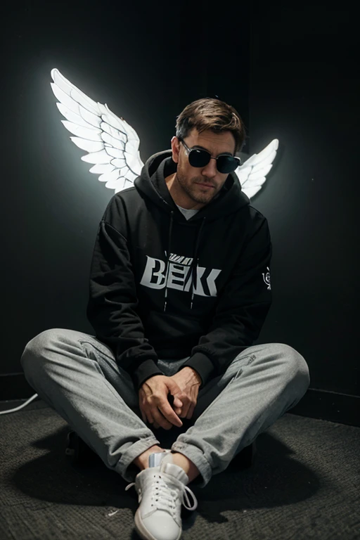 Create a 3D illusion for a profile picture where a 40-Year-old cute boy in a black hoodie Sitting casually on a white bicycle. Wearing sneakers, and sunglasses, he looks ahead. The background features "BETHINHO" in big and capital Yellow neon light fonts on the dark grey wall. and there are wings to make it appear as if he is an angel