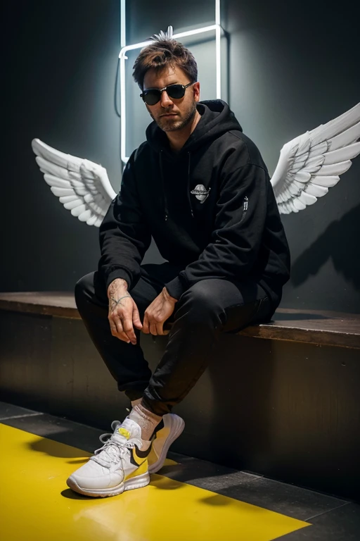 Create a 3D illusion for a profile picture where a 40-Year-old cute boy in a black hoodie Sitting casually on a white bicycle. Wearing sneakers, and sunglasses, he looks ahead. The background features "BETHINHO" in big and capital Yellow neon light fonts on the dark grey wall. and there are wings to make it appear as if he is an angel