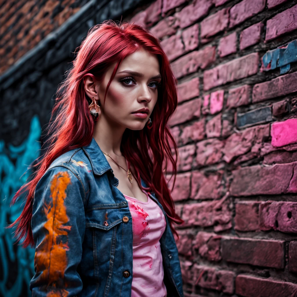 (masterpiece, best quality, 1 girl, solo, intricate details, chromatic aberration), realistic, ((medium breath)),long hair, red hair, red decoration on the head, pink highlights, amber eyes, earrings, sharp eyes, necklace, neon shirt, ripped jeans, unbuttoned jacket, turtleneck, night, against the wall, brick wall, graffiti, dim lighting, alley, look at the viewer