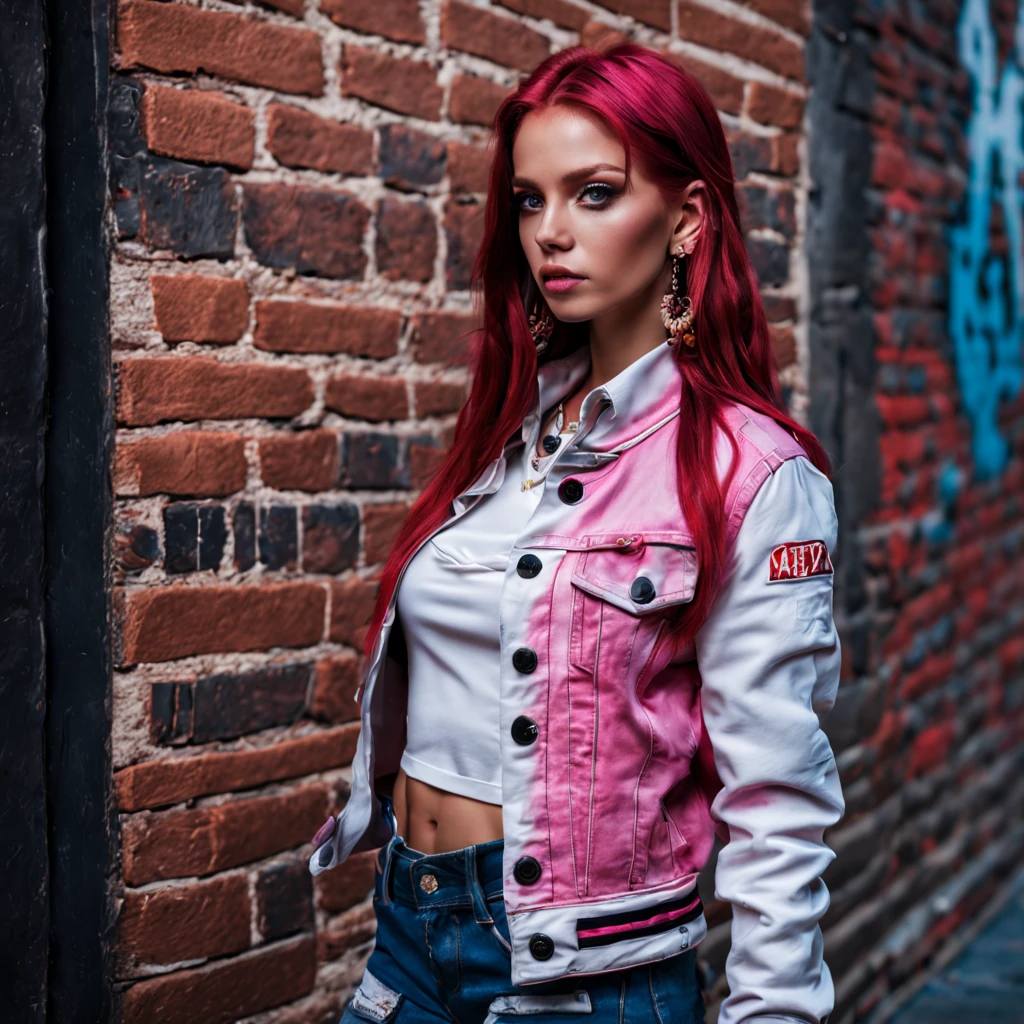 (masterpiece, best quality, 1 girl, solo, intricate details, chromatic aberration), realistic, ((medium breath)),long hair, red hair, red decoration on the head, pink highlights, amber eyes, earrings, sharp eyes, necklace, neon shirt, ripped jeans, unbuttoned jacket, turtleneck, night, against the wall, brick wall, graffiti, dim lighting, alley, look at the viewer