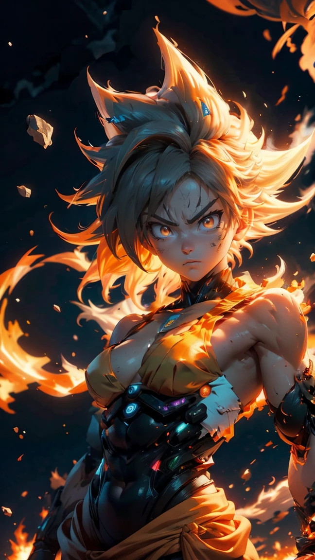 Goku Ultra Instinct, dragonballz, white fire, wearing typical dragonball clothes. Very angry. The background is darked, flying pebbles, wind, thick smoke, lots of big rocks, fire