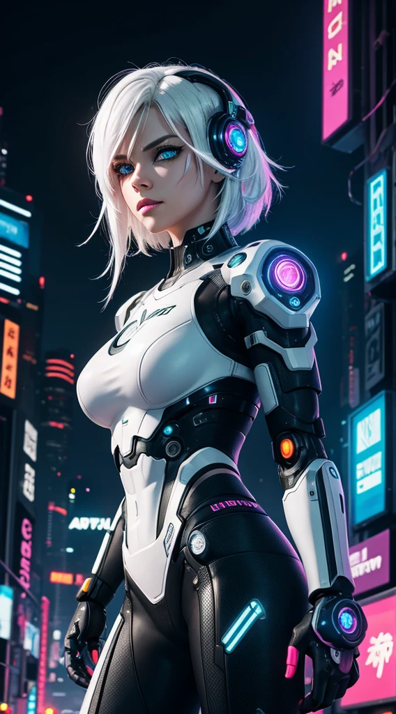cyborg girl, robot hand, hazel eyes, cyberpunk city background, neon light, white hair, masterpiece, ultra high details