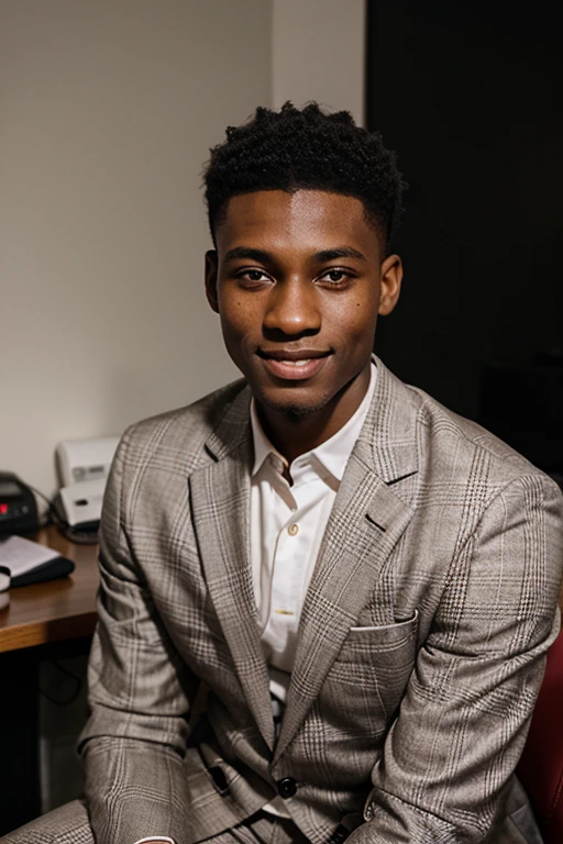 A 20-year-old dark-skinned man of Angolan nationality, with short and shaved hair, is wearing a checkered suit and sitting at the table of his small company office, with the name "Gson Creativity" on the wall in a way that he can see the name Gson Creativity. He looks elegant, with a somewhat responsible and smiling face, a high nose, and slightly pink lips.
