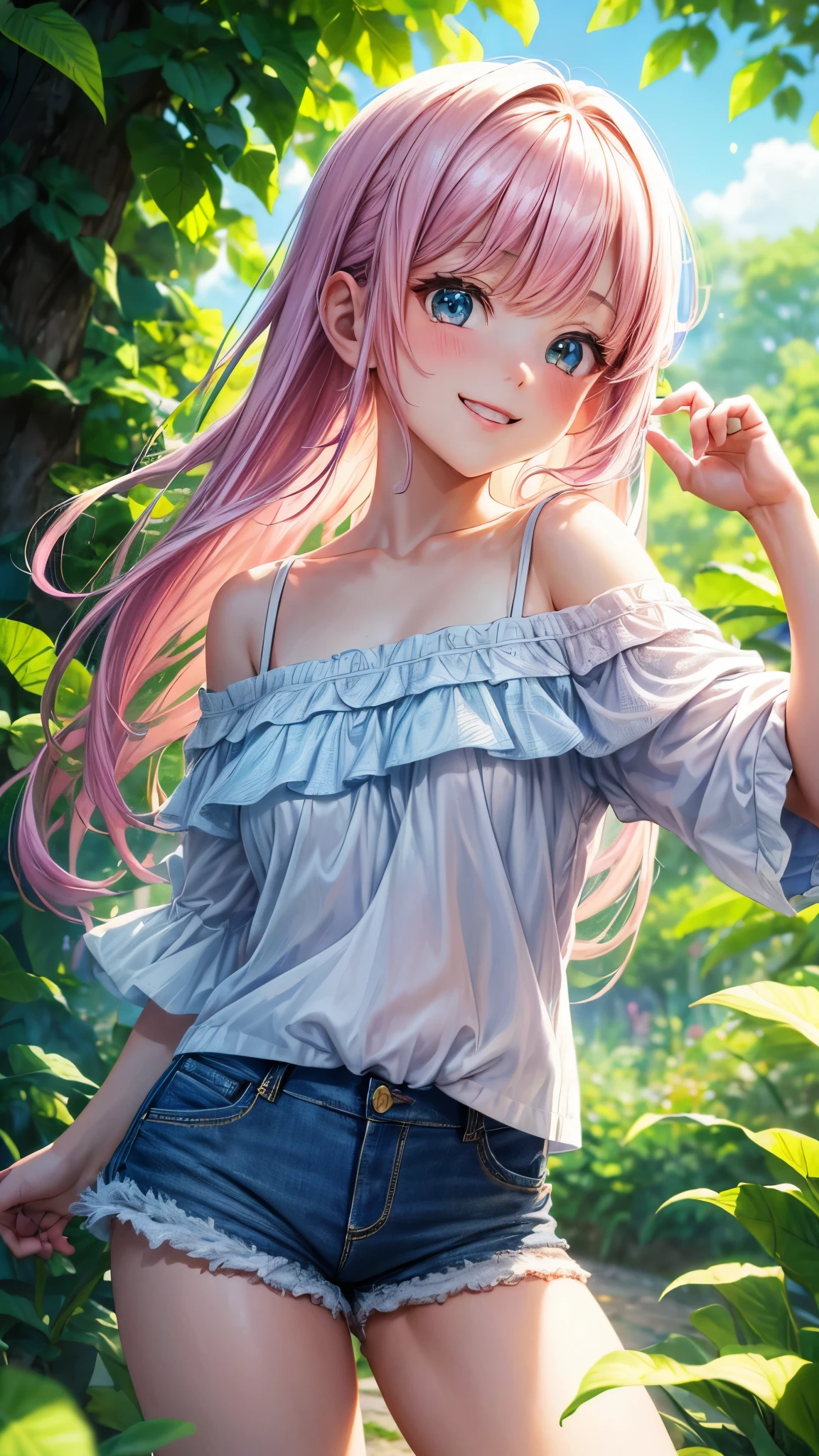 (highres,masterpiece:1.2),detailed,1_girl waifu,,wearing offtheshoulder shirt,mini shorts,portraits,anime style,vibrant colors,pastel color palette,warm lighting,blurred background,greenery in the background,breezy atmosphere,relaxed expression,bright eyes,happy smile,flowing hair,soft sunlight filtering through the leaves, back view