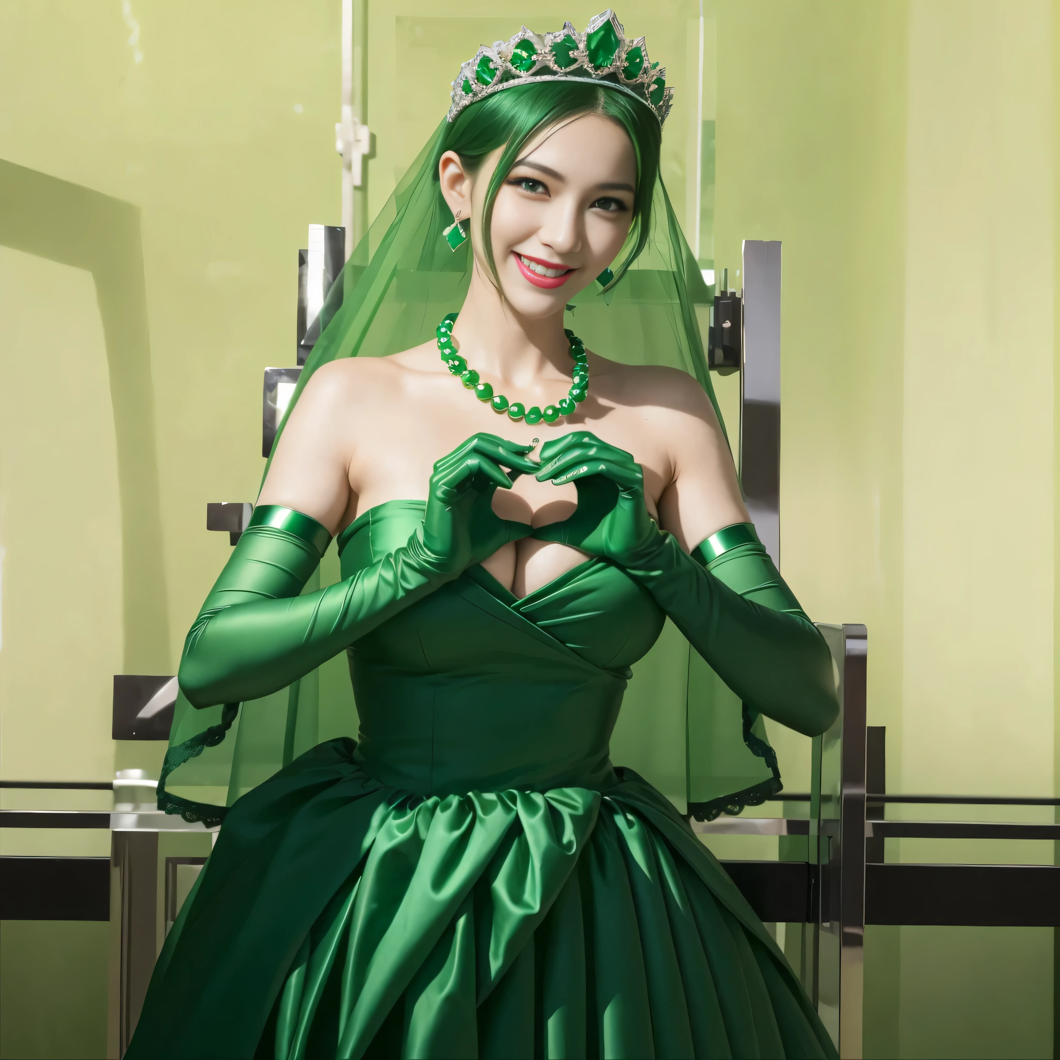 emerald tiara, green pearl necklace, ボーイッシュな非常に短いgreen hair, lipstick, smiling woman, very short hair, Beauty with large breasts, green eyes, Long Green Satin Gloves, green eyes, emerald earrings, green veil, heart with both hands, green hair, Beautiful woman in her 30s, heart shaped hand:1.3