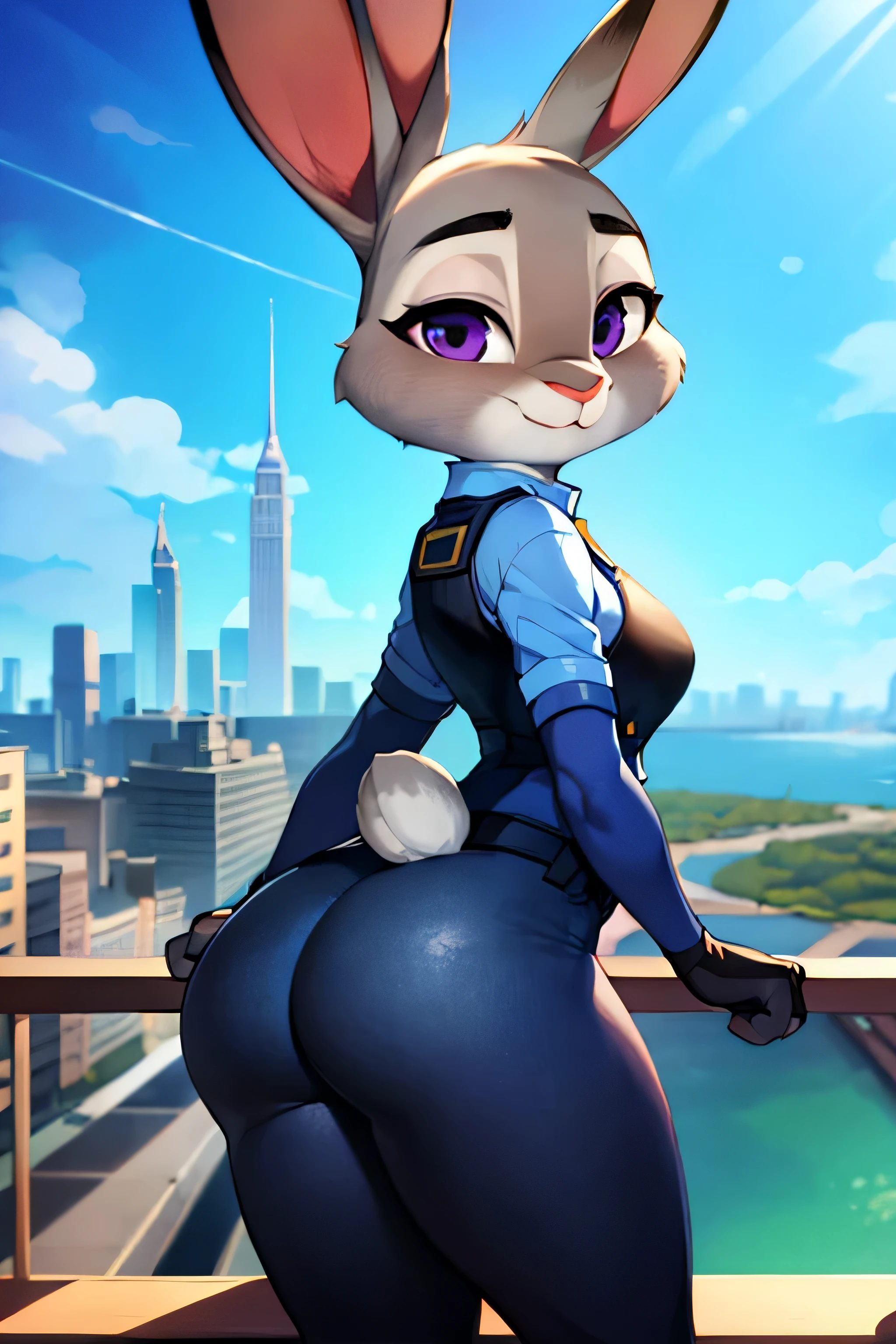 best quality, masterpiece, solo, 1girl,  JudyHopps, police uniform,City, modern city,