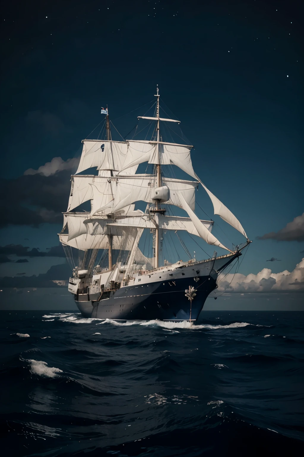 hyper realistic, old white ship in dark blue ocean, 8k