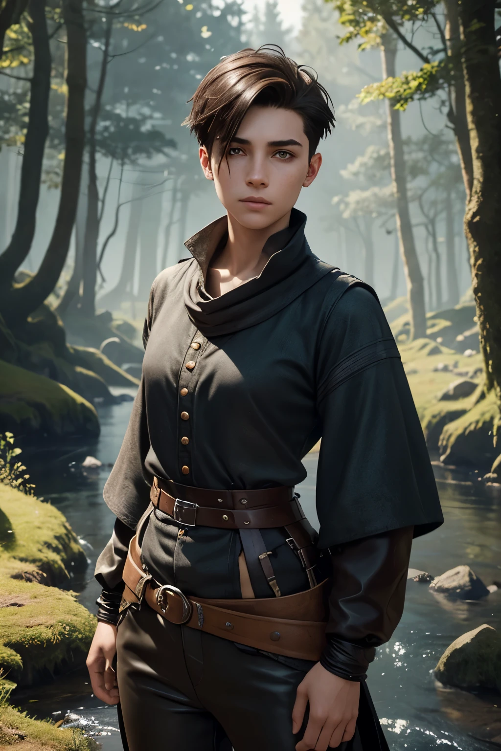 A young androgynous woman with a undercut. Kind. Friendly. Tomboyish. Happy. Skinny. Very short manly haircut. Dark-brown hair. Sides shaved, undercut. Very pale skin with freckles and liverspots. A soft round face with freckles and liverspots. Upturned dark-brown eyes. Very thin and barley visible eyebrows. A long and wide nose. Wide curved lips. Round chin. Slim body. . Wide hips. Thick legs. Used dirty medieval clothing of a lonley ranger and wanderer with tight trousers. Beautiful bright fantasy landscape in the background with shiny forest and rivers.