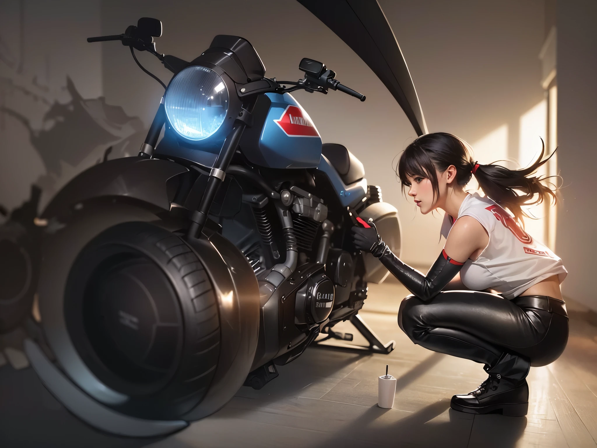 chica anime pintando una motocicleta con una lata de pintura, James Gurney estilo de pintura, arte conceptual de motocicleta, inspirado por Rudy Siswanto, motocicleta akira, arte conceptual muy realista, beautiful comic art, la motocicleta de akira, hermosa obra de arte digital, Pintura de arte conceptual, Hermosa obra de arte, a Hermosa obra de arte illustration, Vadim Kashin. ultra realista, Super realistic painting style, por Rafael Ritz