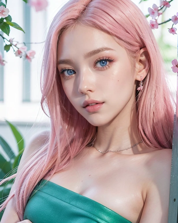 young woman, shoulder-length pink hair, wide forehead, porcelain skin, pink eyebrows, big emerald green eyes, buttoned nose, full lips, heart-shaped face, slender body, small breasts, red dress with butterfly design, Sakura Haruno, realistic, realism, details, 3d, forest