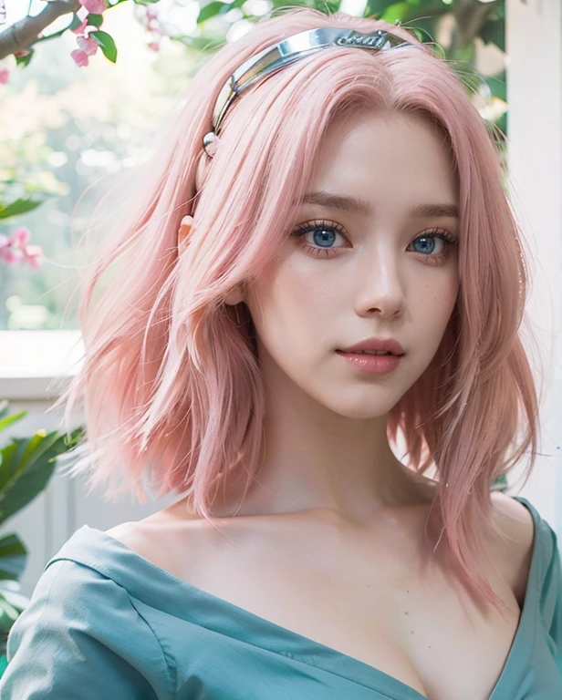young woman, shoulder-length pink hair, wide forehead, porcelain skin, pink eyebrows, big emerald green eyes, buttoned nose, full lips, heart-shaped face, slender body, small breasts, red dress with butterfly design, Sakura Haruno, realistic, realism, details, 3d, forest