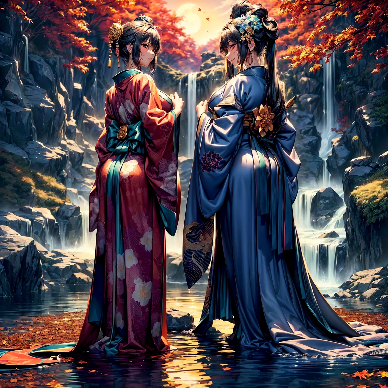 (((highest quality、masterpiece、highly detailed images,very high resolution)))、(There is one woman with perfect and ultimate beauty.:18-year-old:beautiful body:Slender and beautiful breasts、beautiful face:smile、beautiful eyes:beautiful eyes、beautiful hair:Japan hair ornament、best skin and hair texture)、(Beautiful Japan kimono:Japanese patterns and colors:Kimono sleeves and obi are long,shoulders are exposed,I can see the cleavage,Thighs are visible,I can see your back,whole body),((Mysterious waterfront:There are beautiful autumn leaves and waterfalls,Fantastic night sky and beautiful full moon,beautiful scenery,beautiful scenery,Beautiful colors))、bijinga,((beautiful pose,from various angles、Photographing a Model)),Overall image、accurate anatomy:1.2、accurate image:1.2、highly detailed images、perfect image、Image without defects、natural soft light、beautiful images、(best shot,RAW photo),back shot,Wet expression、