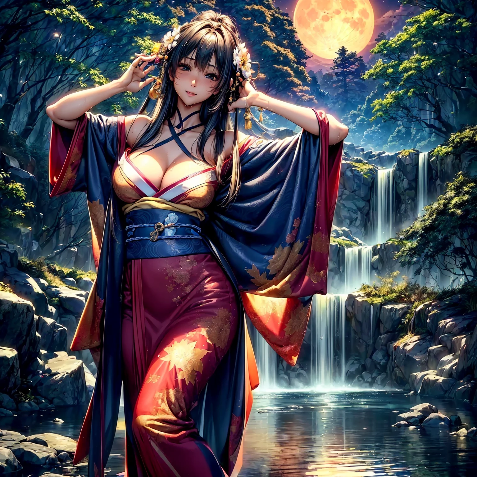 (((highest quality、masterpiece、highly detailed images,very high resolution)))、(There is one woman with perfect and ultimate beauty.:18-year-old:beautiful body:Slender and beautiful breasts、beautiful face:smile、beautiful eyes:beautiful eyes、beautiful hair:Japan hair ornament、best skin and hair texture)、(Beautiful Japan kimono:Japanese patterns and colors:Kimono sleeves and obi are long,shoulders are exposed,I can see the cleavage,Thighs are visible,I can see your back,whole body),((Mysterious waterfront:There are beautiful autumn leaves and waterfalls,Fantastic night sky and beautiful full moon,beautiful scenery,beautiful scenery,Beautiful colors))、bijinga,((beautiful pose,from various angles、Photographing a Model)),Overall image、accurate anatomy:1.2、accurate image:1.2、highly detailed images、perfect image、Image without defects、natural soft light、beautiful images、(best shot,RAW photo),back shot,Wet expression、