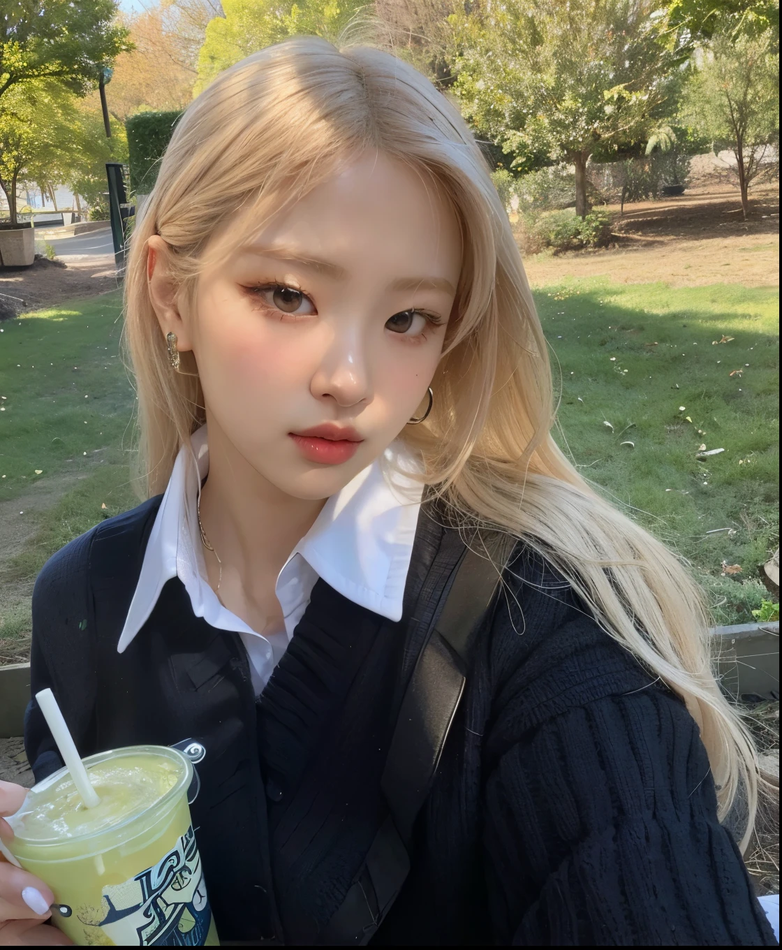 blond woman with a straw drinking a drink at an airport, roseanne park of blackpink, jossi of blackpink, portrait of jossi of blackpink, lalisa manobal, jinyoung shin, heonhwa choe, tzuyu from twice, 19-year-old girl, lalisa manoban of blackpink, her face looks like an orchid