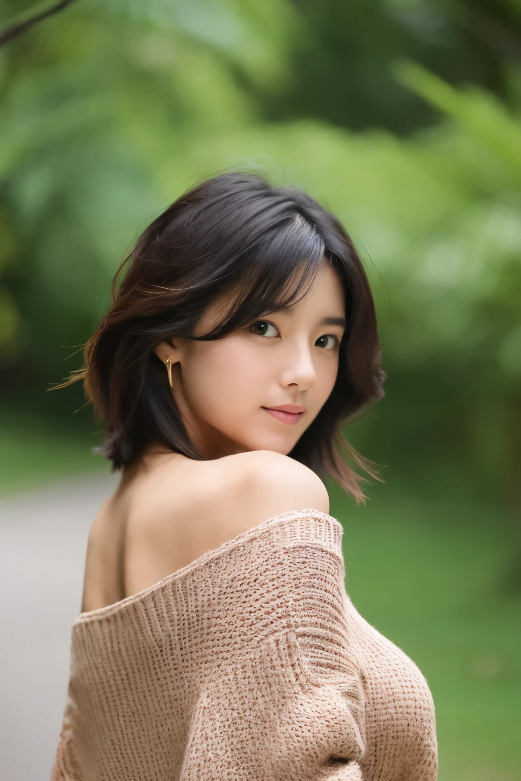 puregirl, 1girl, solo, realistic, looking at viewer, black hair, bare shoulders, upper body, from side, off shoulder, sweater, short hair, brown hair, portrait, off-shoulder sweater, messy hair, looking to the side
