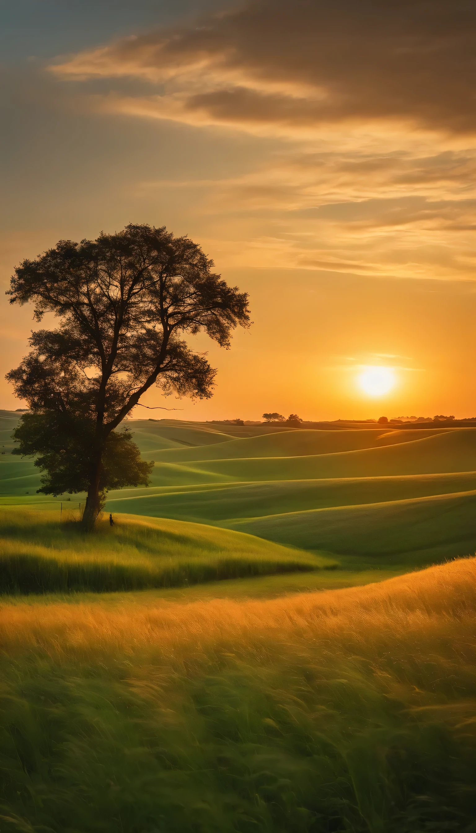 A gentle breeze blows at dusk in the countryside、A photo that captures the moment when grasslands and fields are enveloped in silence.
