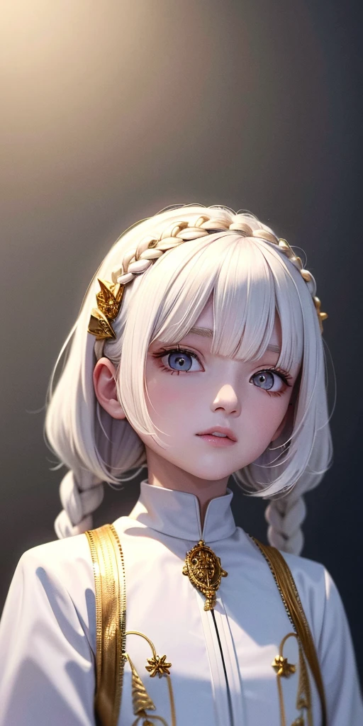best quality, masterpiece,white hair, gold eyes,white clothes, looking up, upper body,hair strand,Fair skin,side braids