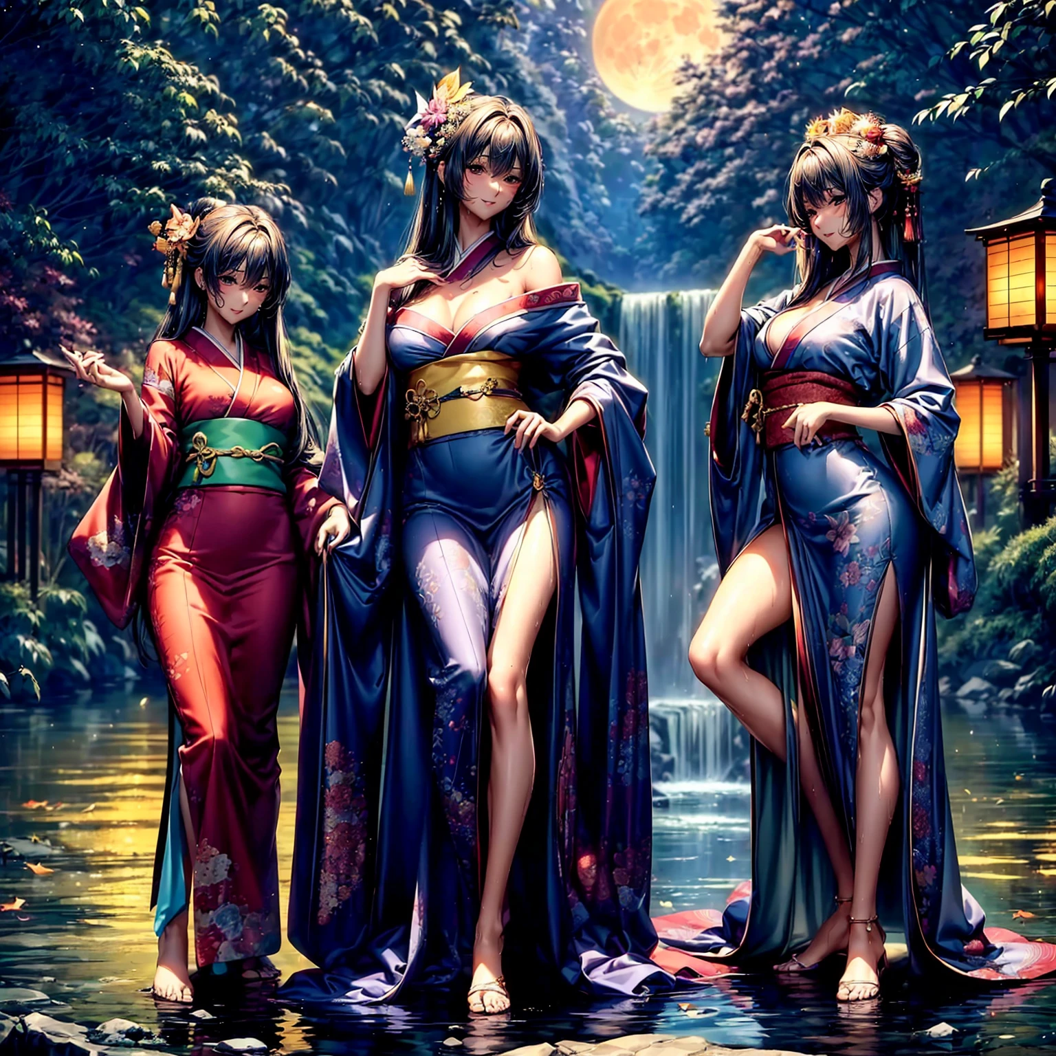 (((highest quality、masterpiece、highly detailed images,very high resolution)))、(There is one woman with perfect and ultimate beauty.:18-year-old:beautiful body:Slender and beautiful breasts、beautiful face:smile、beautiful eyes:beautiful eyes、beautiful hair:Japan hair ornament、best skin and hair texture)、(Beautiful Japan kimono:Japanese patterns and colors:Kimono sleeves and obi are long,shoulders are exposed,I can see the cleavage,Thighs are visible,I can see your back,whole body),((Mysterious waterfront:There are beautiful autumn leaves and waterfalls,Fantastic night sky and beautiful full moon,beautiful scenery,beautiful scenery,Beautiful colors))、bijinga,((beautiful pose,from various angles、Photographing a Model)),Overall image、accurate anatomy:1.2、accurate image:1.2、perfect image、Image without defects、natural soft light、beautiful images、(best shot,RAW photo),back shot,Wet expression、