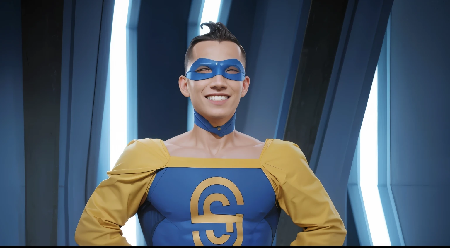 (obra de arte), (extremamente complexo:1.3), (realista), superheroi, traje amarelo e azul, sorrindo, from the invincible series, fotografia profissional, sharp focus, dramatic, premiado, cinematic lighting, Octane rendering, motor irreal, dtx volumétrico, (Film grain)
