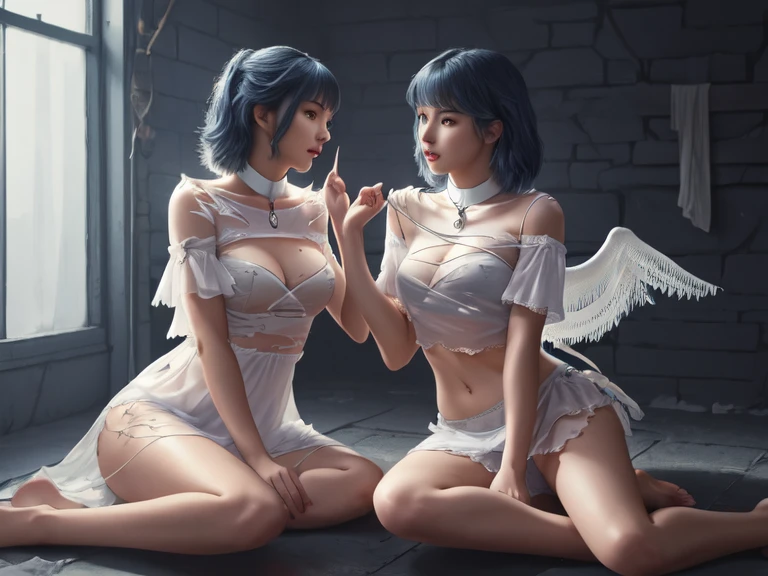 masterpiece, best quality, photorealistic, high resolution, highest quality, cinematic lighting, ultra-detailed, UHD, ccurate, anatomically correct, textured skin, super detail, high details, award winning, highres, 1080P, HD, 4K, 8k, 16k, strong contrast, anatomically correct , textured skin, NSFW, two young girls embracing, sitting on floor,beautiful face, anxious expression, small breasts, slim body, translucent lace white chemise, torn clothes, bandages, chain leash,a ball and chain, folded feather wings, lots of scattered feathers, background is very dark and dirty dungeon.