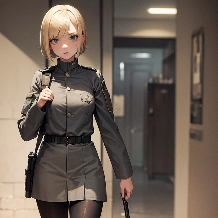 Young blonde woman with a short bob. Gray uniform. Freckles on the face. Fearful. Gun in hand. Creepy atmosphere