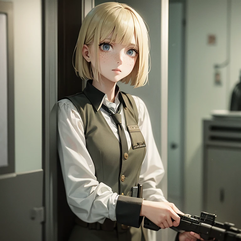 Young blonde woman with a short bob. Gray uniform. Freckles on the face. Fearful. Gun in hand. Creepy atmosphere