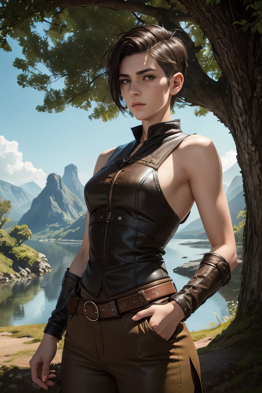 A happy young woman with an undercut in a fantasy setting. An adventurer and a ranger. Very androgynous looking. In a good mood. Sympathic. Tomboyish. Androgynous. Slim body. Very . Very small breasts. Wide hips. Thick legs. Face: Extremly pale skin with liverspots and freckles. Soft narrow face with a round chin. Soft small jaw. Big forehead. Very thin barely visible eyebrows. Upturned big dark-brown eyes. Dark-brown eyecolour. Very long and wide nose. Big curved lips. Very short dark-brown hair. A boyish short haircut. Undercut. Sides shaved. A tight black fantasy outfit of a lonley adventurer and ranger. Background: green meadow and a blue sky.