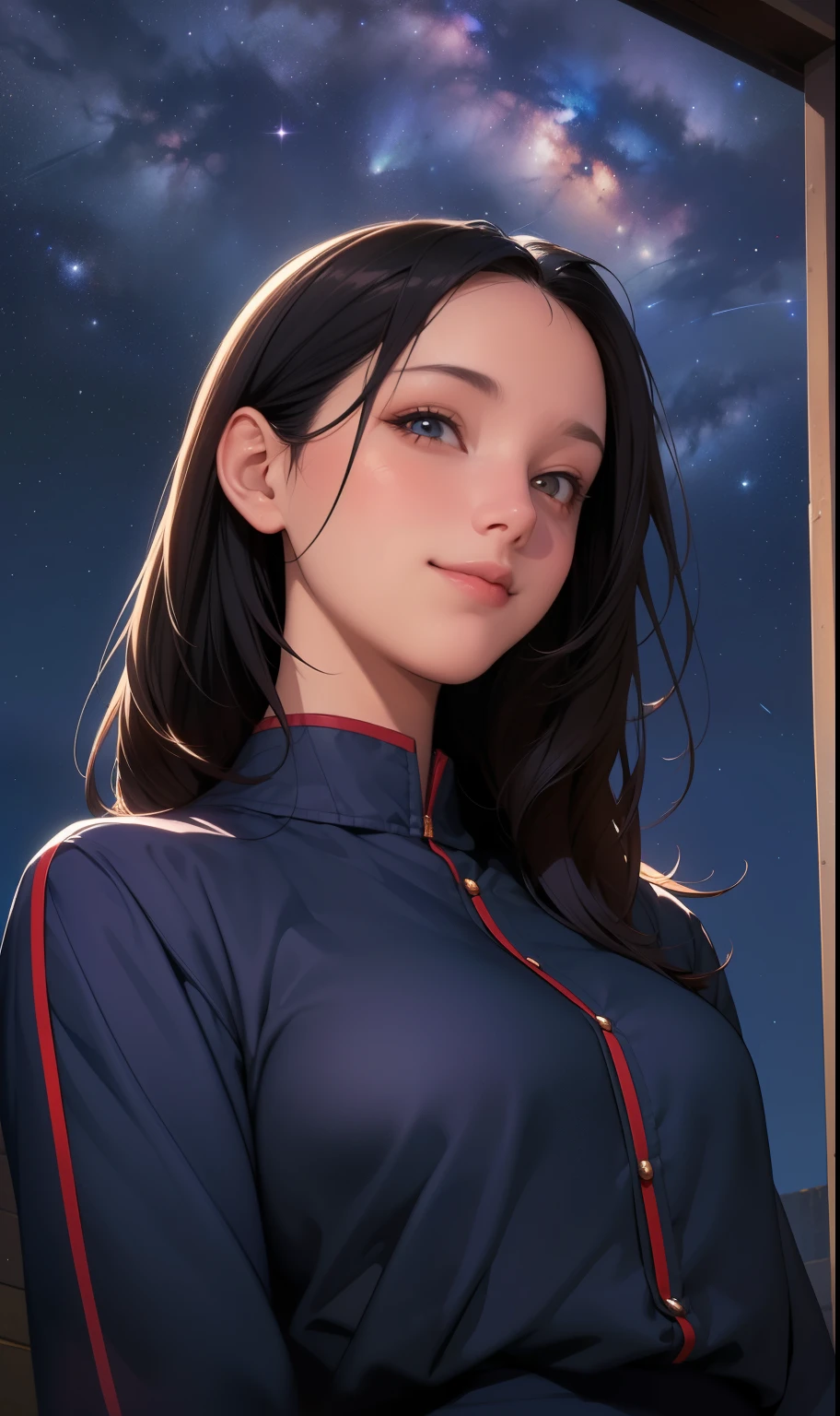 (masterpiece), (Best quality), 1 girl, (perfect face:1.2), (Beautiful face:1.2), Black hair, (from below, Upper body:1.3), Happy, slight smile, Looking at the viewer, outside, look through, on open air, (midnight, night sky, the Milky Way), difficult, depth of field, cinematic lighting,