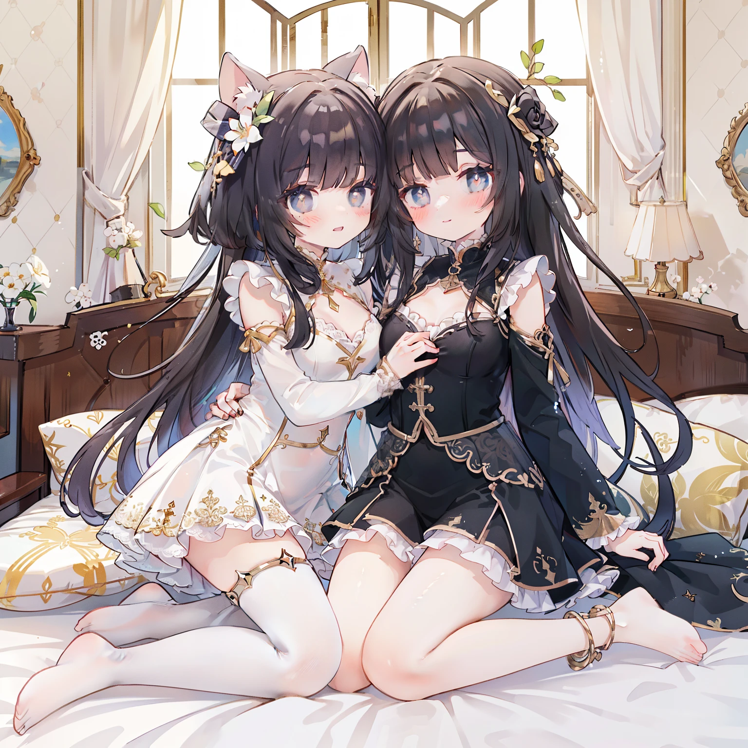 (best quality,8k,high resolution,masterpiece:1.2),super detailed,lifelike,CG wallpaper,Excellent, Beautiful and delicate face, exquisite eyes，2 girls, Hug together，cross-shaped pupils, Default attire, Everlasting，Kneel on the bed，blush，One woman holds down another woman