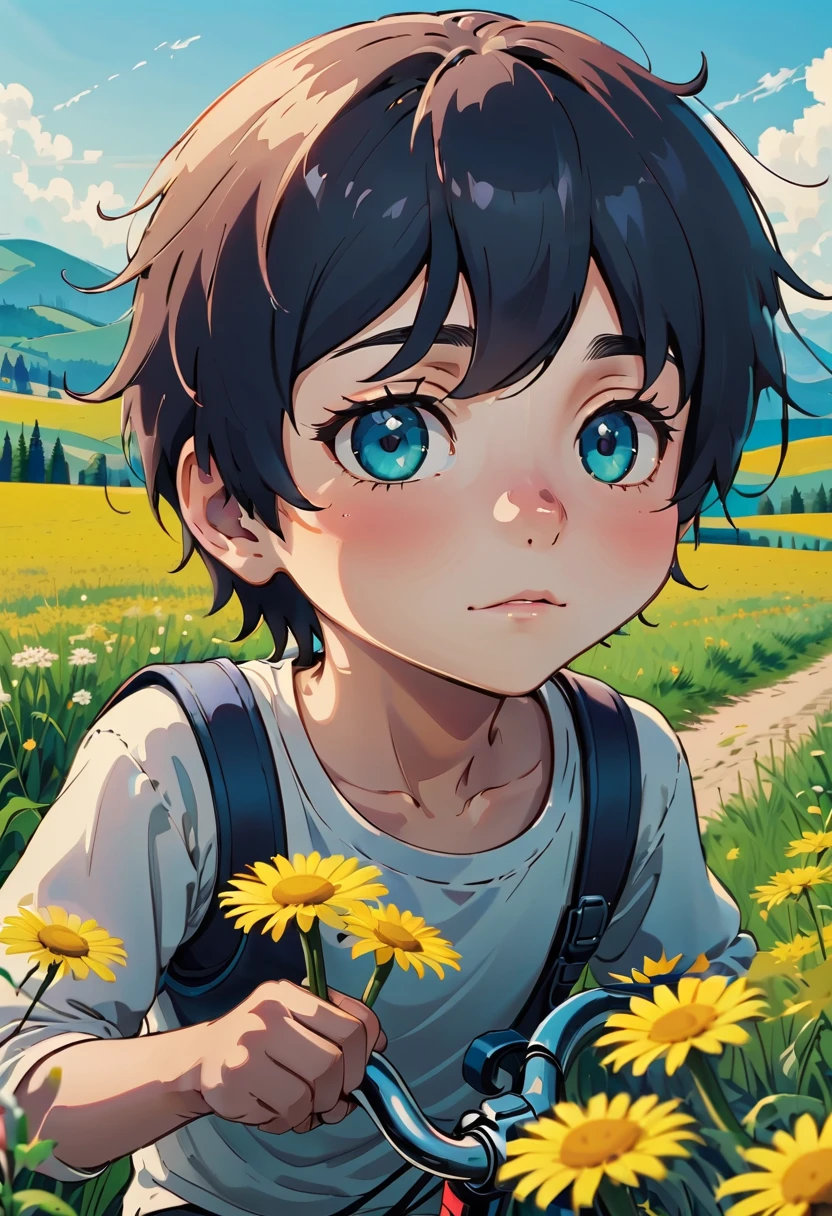 (a boy riding a bicycle in a field in summer),illustration,green grass,dandelions,beautiful rolling hills,bright sunny day,clear blue sky,vivid colors,natural lighting,(best quality,highres:1.2),ultra-detailed,realistic,photography