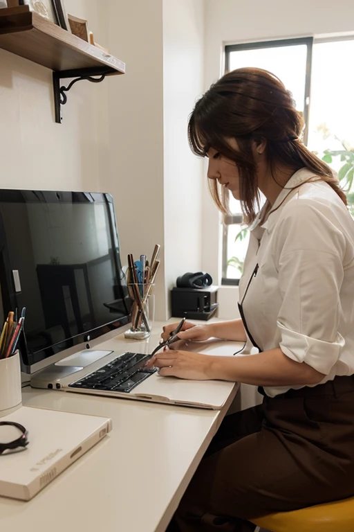(escritorio con una computadora y un perro color blanco con marron trabajando en la computadora)